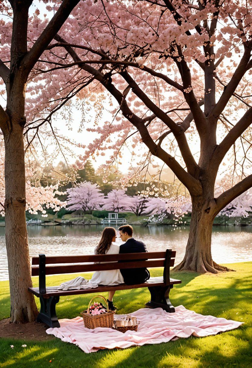 A cozy, serene setting featuring a couple sitting together on a park bench, sharing a heartfelt conversation under a canopy of cherry blossom trees. Warm sunlight filters through the blossoms, casting a soft glow on their faces, symbolizing love and devotion. Surround them with subtle heart motifs and romantic elements like a picnic basket and vintage photographs scattered on the grass. super-realistic. vibrant colors. soft focus.