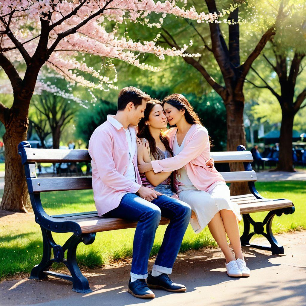 A cozy scene depicting a couple sitting on a park bench, sharing a warm embrace under a blooming cherry blossom tree. Soft sunlight filters through the branches, casting gentle shadows around them. The couple's expressions convey deep affection and connection, with their intertwined hands symbolizing commitment. Delicate petals drift around them, showcasing the beauty of tender moments. soft focus. watercolor style. warm pastel colors.