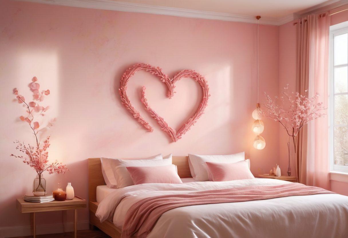 A warm, cozy scene featuring a couple sharing a tender moment, surrounded by soft lighting, with heart-shaped decorations in the background. Show their hands entwined, symbolizing deep affection, with a gentle breeze rustling through a nearby window. Incorporate subtle shades of pink and red to enhance the romantic atmosphere. watercolor painting style. gentle colors. dreamy ambiance.